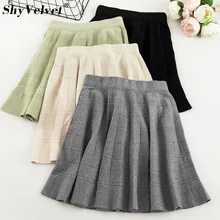 Осенне-зимняя клетчатая трикотажная юбка в корейском студенческом стиле, эластичная трикотажная Мини-юбка с высокой талией, бальное платье зеленого и серого цвета