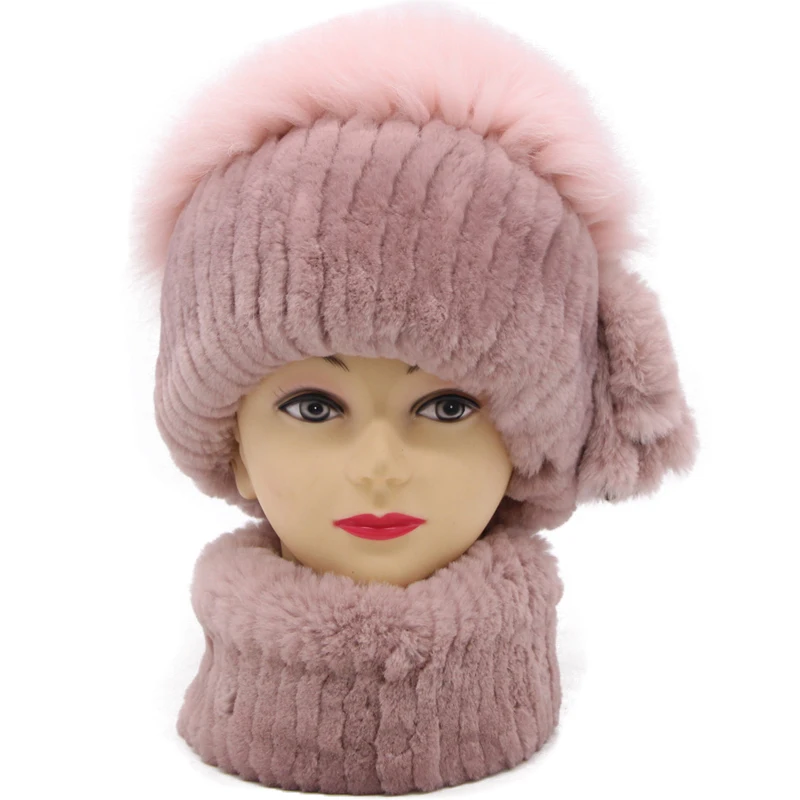 Черный JKP Real Rex Rabbit Fur Set of Hat and Scarf for Women New Fashion Winter Real Fox Fur Hair Luxury Brand Hat and Scarf Set - Цвет: Черный