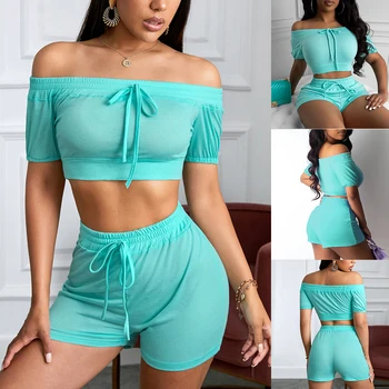 

2020 Sexy Women 2 Piece Set Slash Neck Off Shoulder Crop Top and Shorts Bodycon Outfits Summer Slim Party Club Lady Clothing D30
