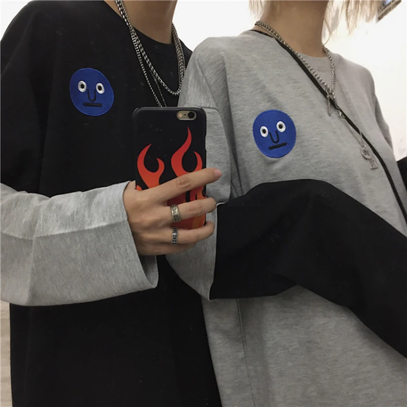men clothes 2019 long sleeve t shirt men Smiley embroidery streetwear camisas hombre Oversize  Solid Patchwork hip hop t shirt