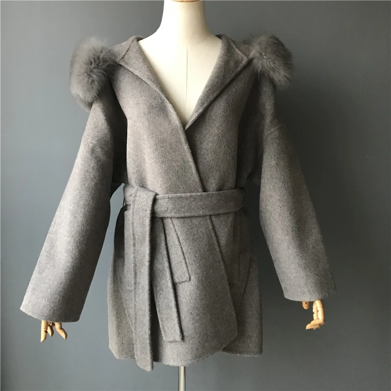 Кашемировая Женская куртка со съемным воротником из меха лисы, шерстяное пальто и куртка с поясом, Дамское кашемировое пальто на осень и зиму