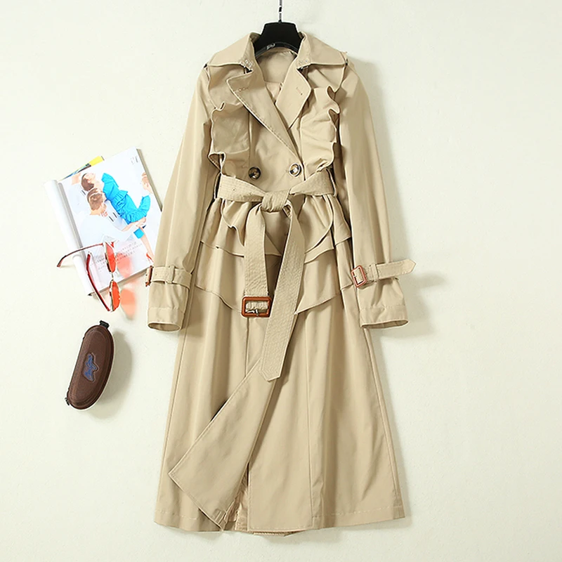 

Red RoosaRosee Designer European High-end Women Autumn Windbreaker Turn-down Collar Long Sleeve Double Breasted Ruffles Trench