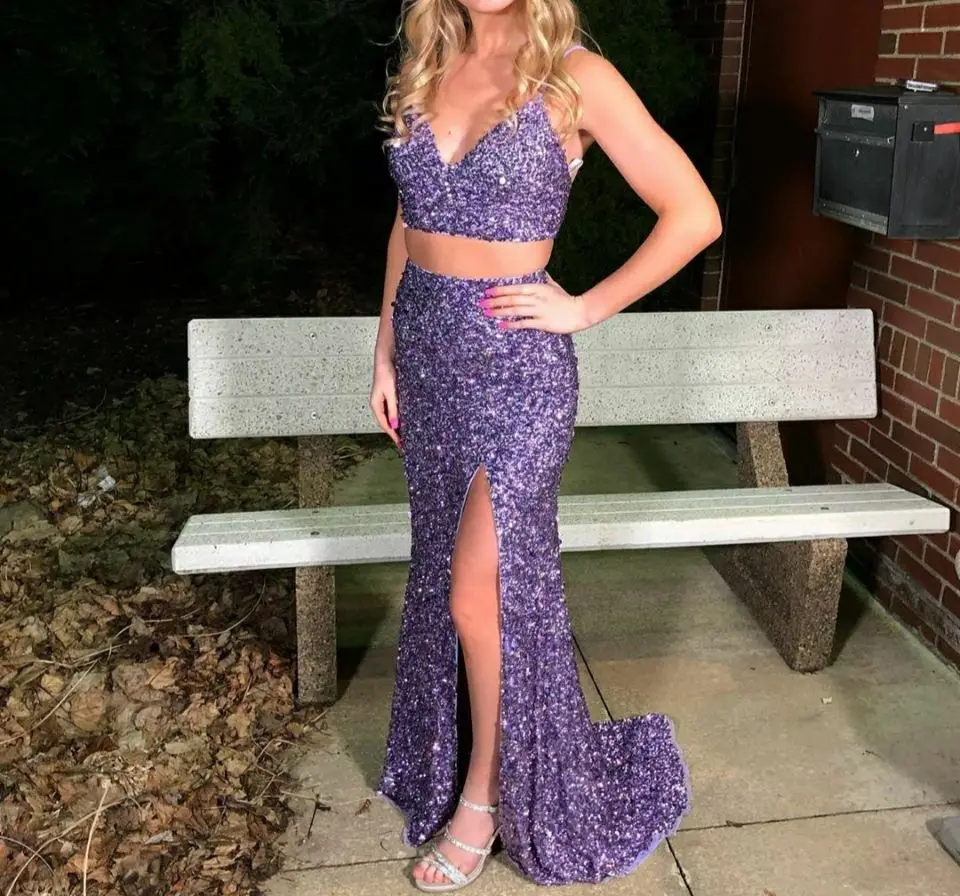 

Sexy Long Mermaid Sequin Two Prom Dresses with Slit Sweep Train Corset Back Custom Formal Party Dresses Robe Soiree Femme