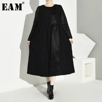 

[EAM] Women Contrast Color Split Temperament Long Dress New Round Neck Long Sleeve Loose Fit Fashion Spring Autumn 2020 JO570