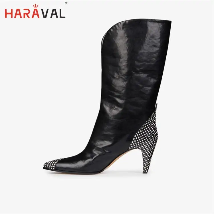 

Winter catwalk new leather MId calf boots sleeve shaped and pointed sexy color matching large size winter boots women shoes