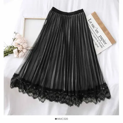Dark Gray Юбка миди, офисная, элегантная, черная, осенняя, с высокой талией, для девушек, плиссированная юбка, женская, кружевная, простроченная, до и после, два способа ношения - Цвет: Dark Gray