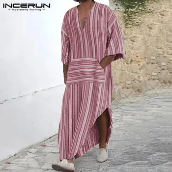 

INCERUN Men Muslim Kaftan Cotton Striped Robes Islamic Clothes 2020 Retro Pockets Long Sleeve Saudi Arabia Men Jubba Thobe S-5XL