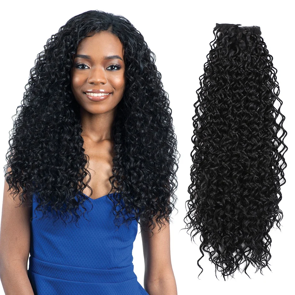 Beauty On Line Synthetic Clip in High Temperature Fiber Hair Extensions Jerry Curly 7 Pieces/Lot 22Inches Natural Black Color