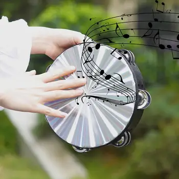 

8 Inch Wooden Radiant Tambourine Handbell Hand Drum with Double Row Metal Jingles Reflective Drum Head Percussion Instrument