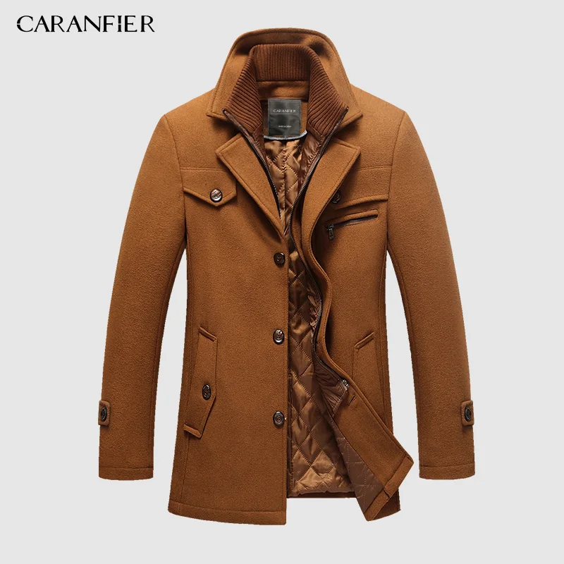 CARANFIER, новинка, модное зимнее шерстяное пальто, куртки для мужчин, s, Повседневная теплая верхняя одежда, Шерстяная Смесь, бушлат, толстая добавленная куртка, пальто для мужчин - Цвет: Коричневый