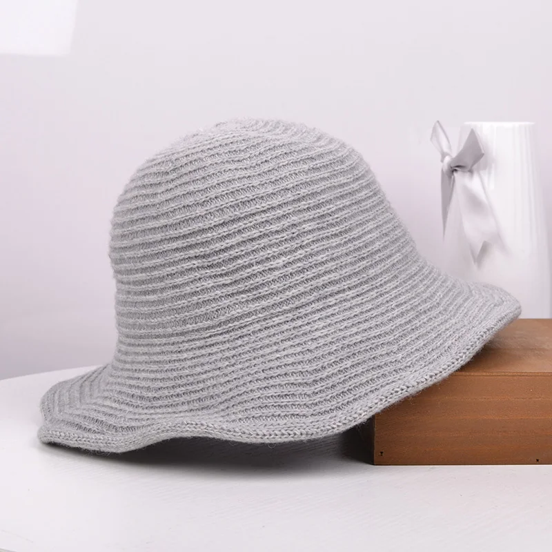 Light Gray Вязаная шапка в рыбацком стиле, Модная хлопковая вязаная шапка с кромкой в виде листа лотоса, осенне-зимние уличные теплые шапки для женщин TG0079 - Цвет: Light Gray