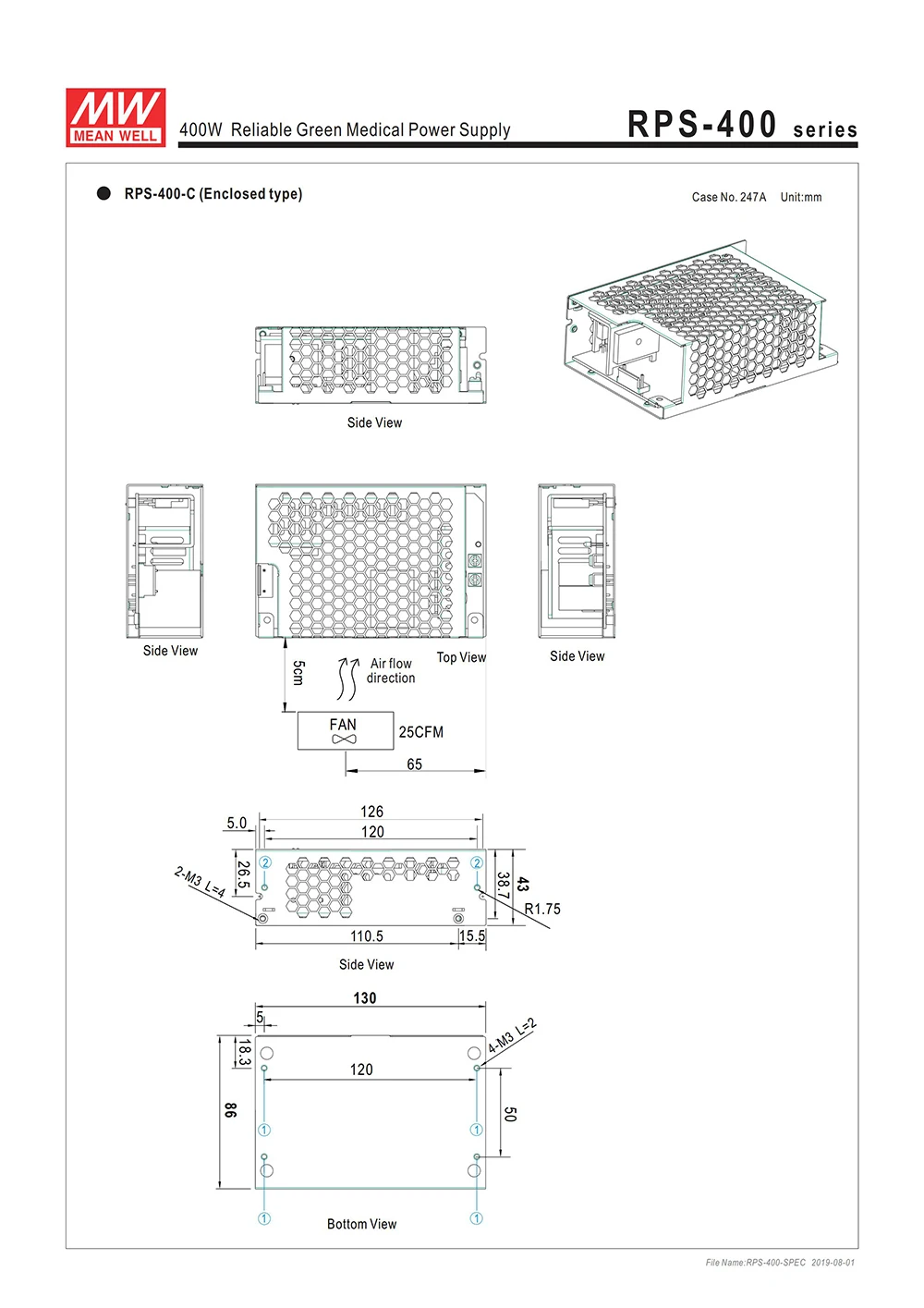 Бренд MEAN WELL представляет RPS-400-12-C переключение медицинский Питание 110 V/220VAC для 12VDC 33.3A 400 Ватт Meanwell закрытый корпус Питание блок