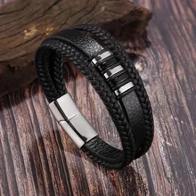European And American Popular Stainless Steel Leather Bracelet Men's Multilayer Woven Leather Bracelet
