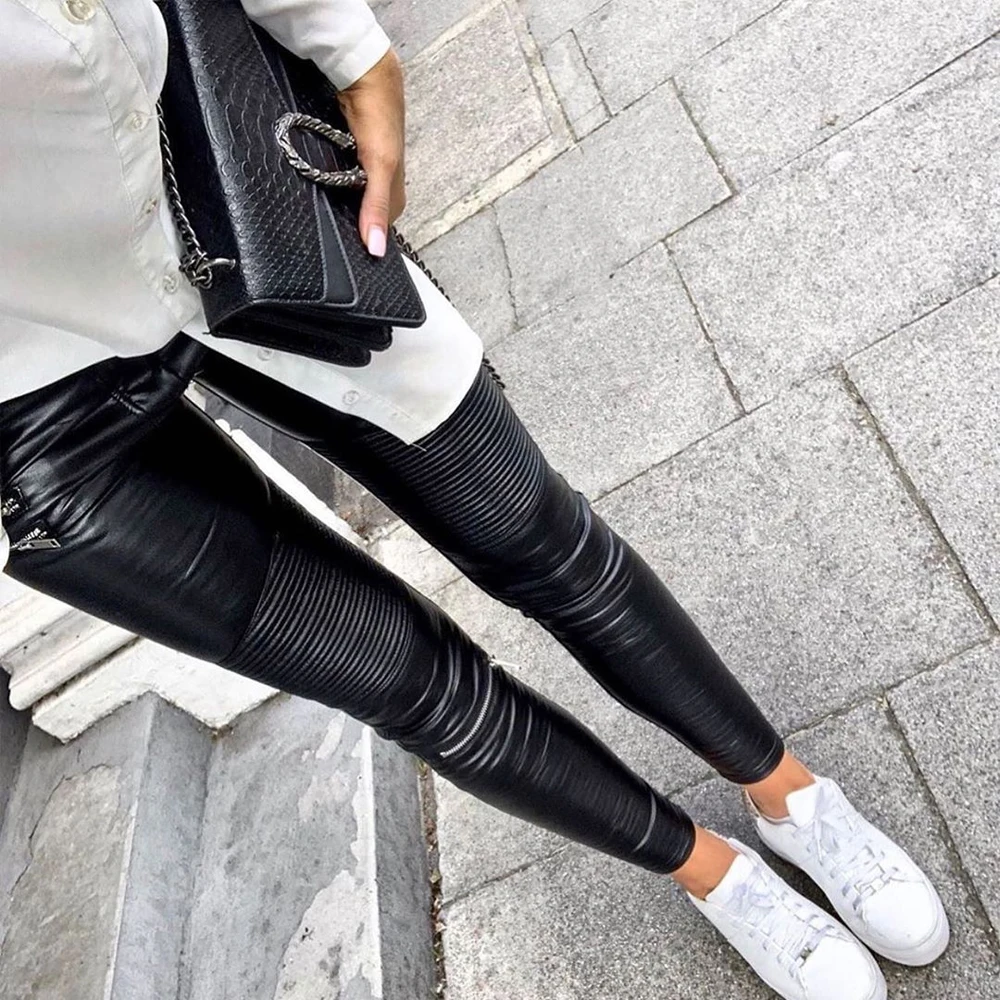 Melody Black Leatherette Trousers Women's Casual Ankle Pants Woman