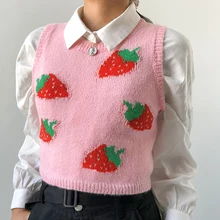 

FOR Pink Sweat Cute Sleeveless Sweater Vest Women Casual Autumn Strawberry Tank Knitted Crop Top Fashion Streetwear