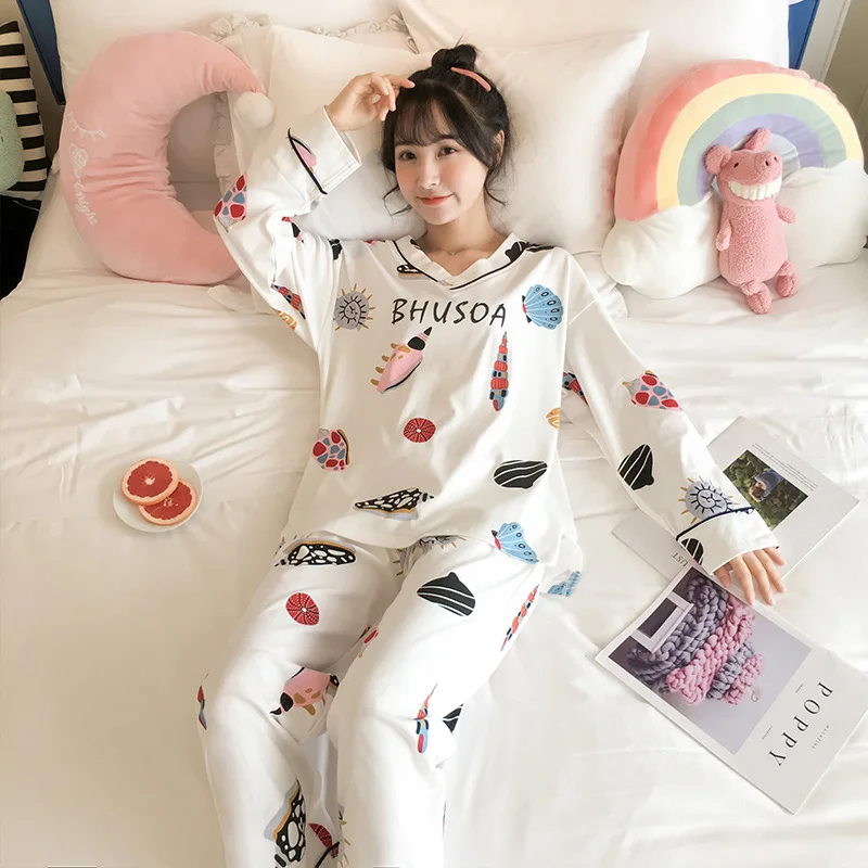 

Pajamas Women's Spring And Autumn Cute Online Celebrity-Pure Cotton Long Sleeve Two-Piece Set Large Size Korean-style Fresh Stud