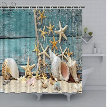 

Aplysia Vintage Beach Scenery Shower Curtain Starfish And Shell Waterproof Bathroom Curtain 3D Polyester Fabric For Bath Decor