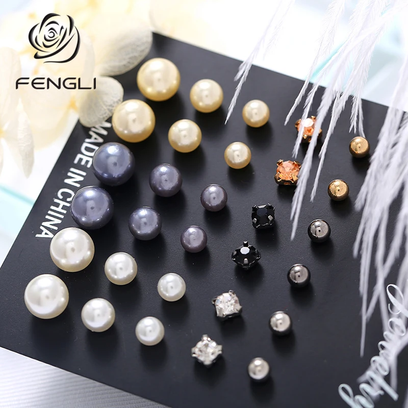 Женские серьги-гвоздики FENGLI круглые с жемчугом 15 шт./компл. модные серьги