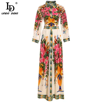 

LD LINDA DELLA Autumn Fashion Runway Long Sleeve Dress Women's Elegant Rose Flower Print Party Stylish Vintage Maxi Dresses