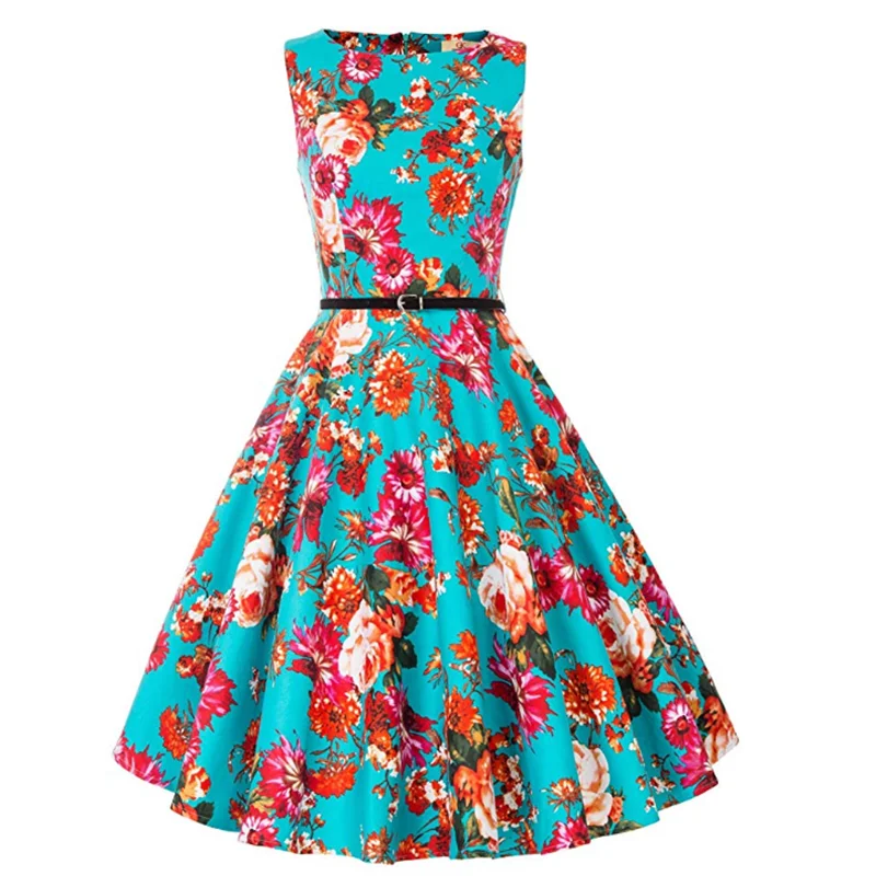 

Floral Women's Round Neck Sleeveless Elegant Fancy Sexy Costume 50's Retro Classic Summer Dress
