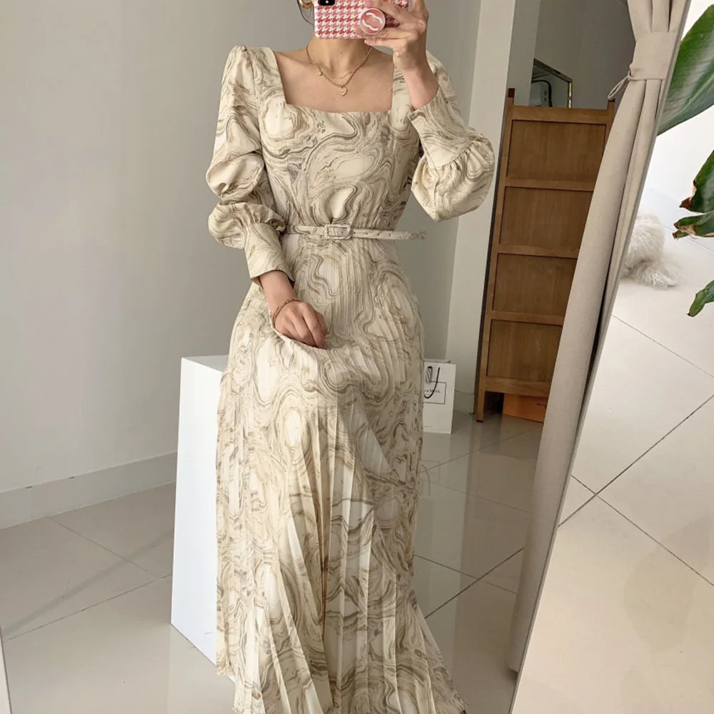 

Korean Chic Autumn Vintage Print Dress Elegant Thin Square Collar Ink Painting High Waist Long Pleated Dress Lace Up Vestidos