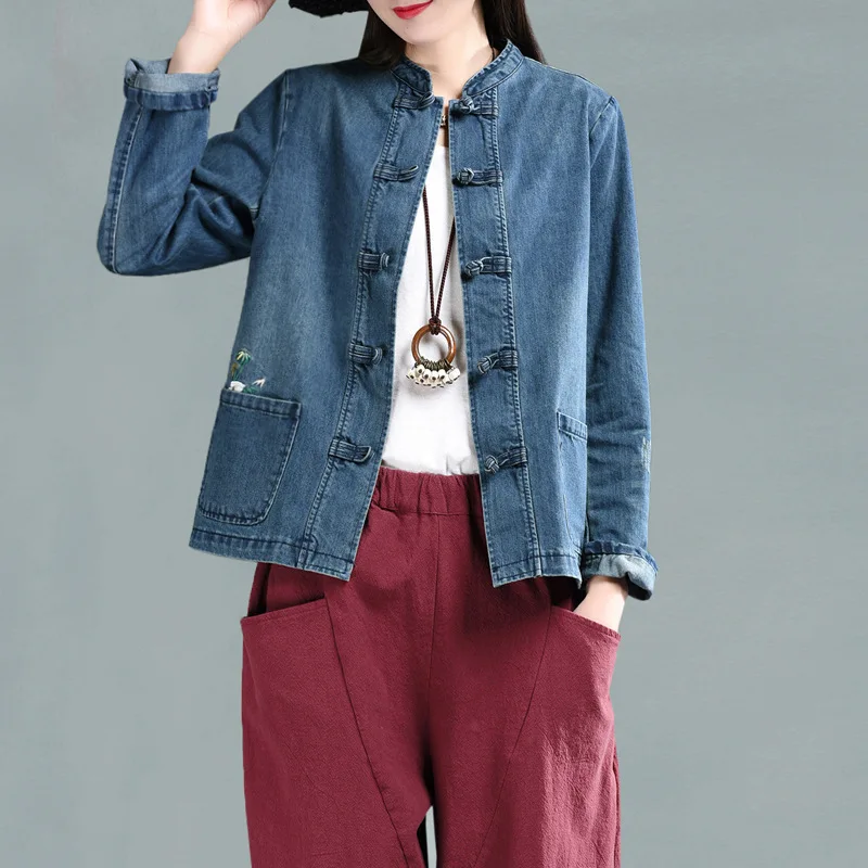 

Chinese Style Blue Women Jeans Jacket New Spring Autumn Women's Embroidery Denim Jacket Student Basic Coat Vintage AA197S30