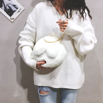 

Round Ears Shoulder Bags Design Fashion Fluffy Sweet Beauty Style Messenger Bag Rabbit Fur Small Chain Women Bags Shiny Hardware