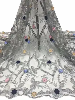 

HOT gray French Nigerian beads net lace,African tulle mesh lace fabric high quality for party wedding dress 5yards/lot FD1115