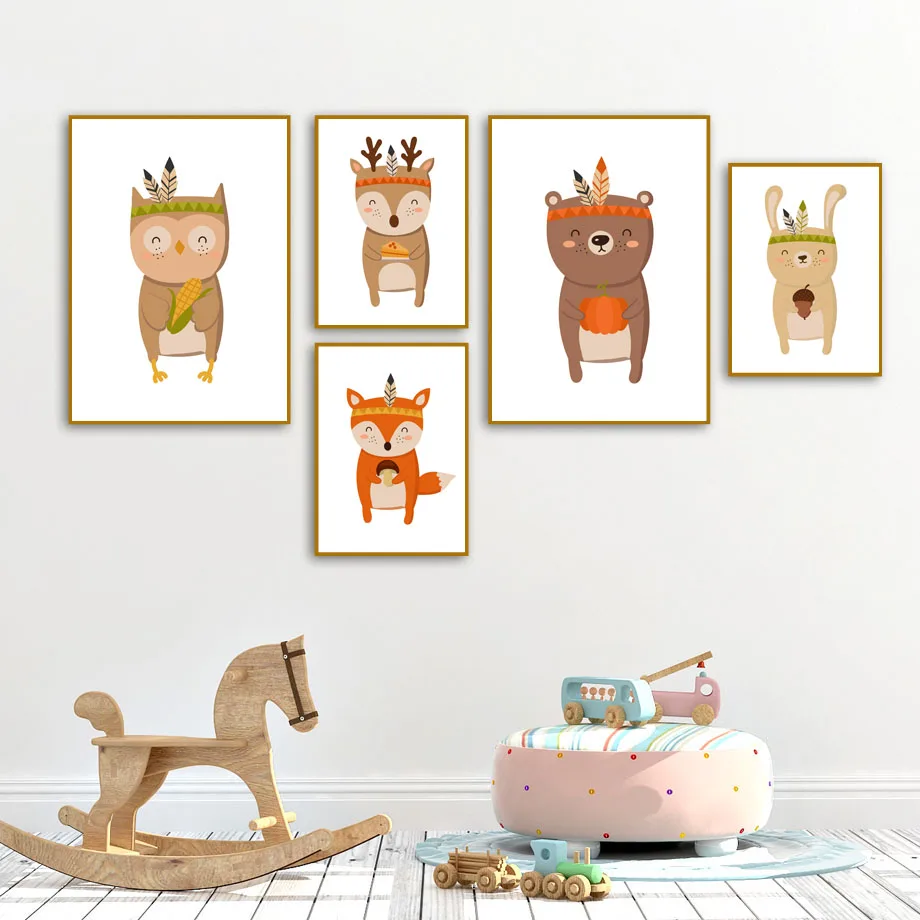 Fox Rabbit Owl Bear Deer Nursery Wall Art Canvas Painting Nordic Posters And Prints Baby Wall Pictures Girl Boy Kids Room Decor