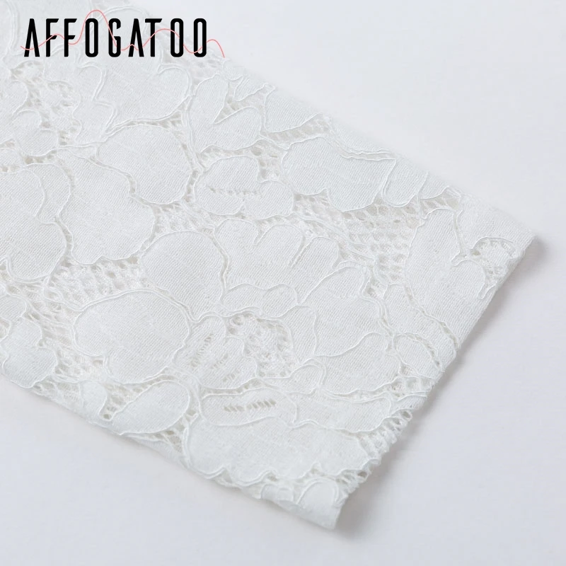  Affogatoo Elegant lace white blouse shirt women Sexy hollow out embroidery tops Vintage puff sleeve