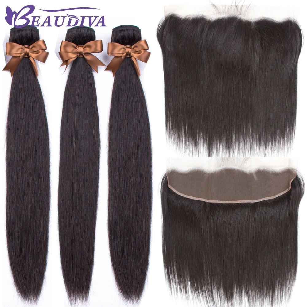 

Luxediva Brazilian Straight Hair Weave Bundles With Lace Frontal Human Hair Bundles With Frontal Closure 13*4 Remy Extensions