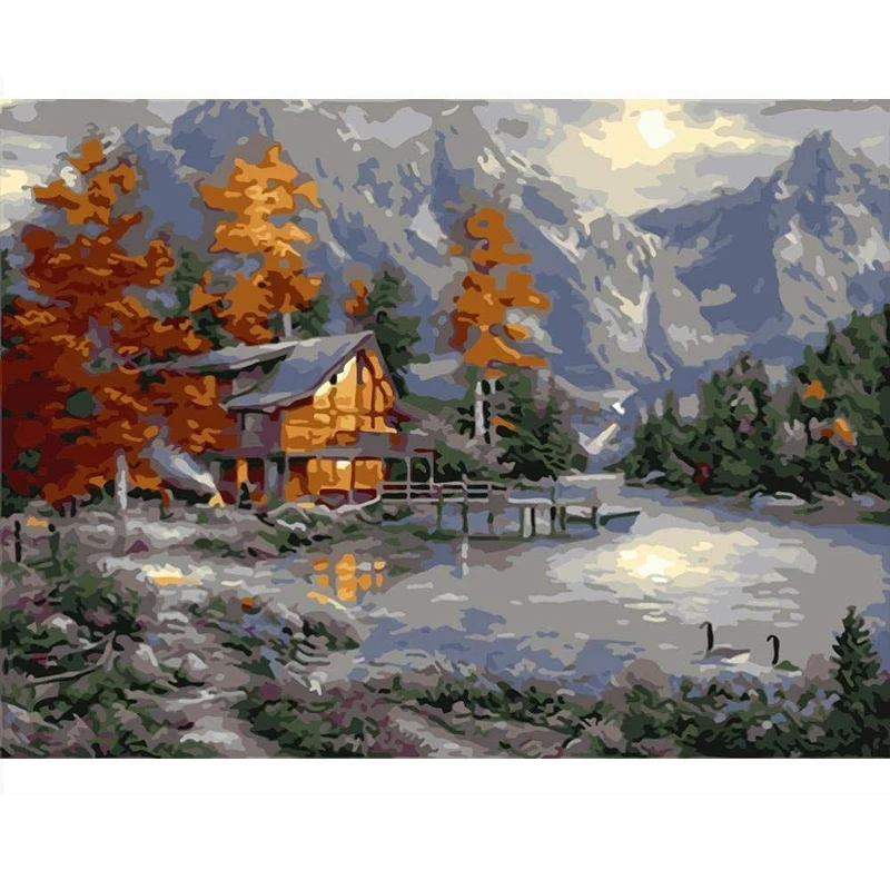 Snow Mountain House Oil Painting By Numbers Kits Acrylic Paint Drawing Framed Canvas Wall Decor Art Craft Diy Gif | Дом и сад