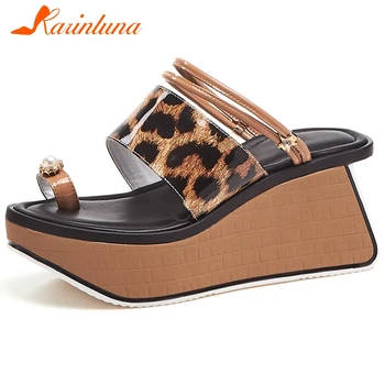 

Karinluna 2020 New Fashion Genuine Cow Leather Platform Summer Slippers Woman Shoes Wegde High Heels Shoes Women Slippers