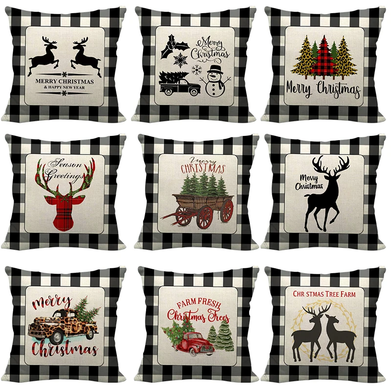 

45cm*45cm British Style Series Christmas Linen Pillowcase Buffalo Plaid Elk Christmas Tree Car Cushion For Home Decoration