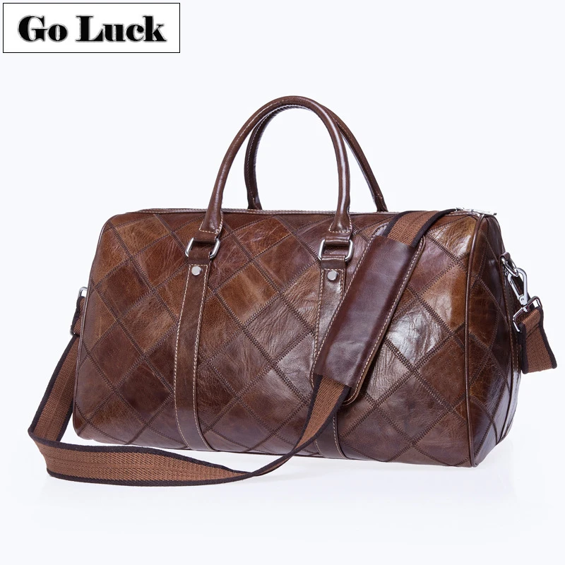 

Classic Plaid Design Genuine Leather Travel Duffle Unisex Top-handle Handbag Cross Body Shoulder Bag Messenger Bags Men&Women