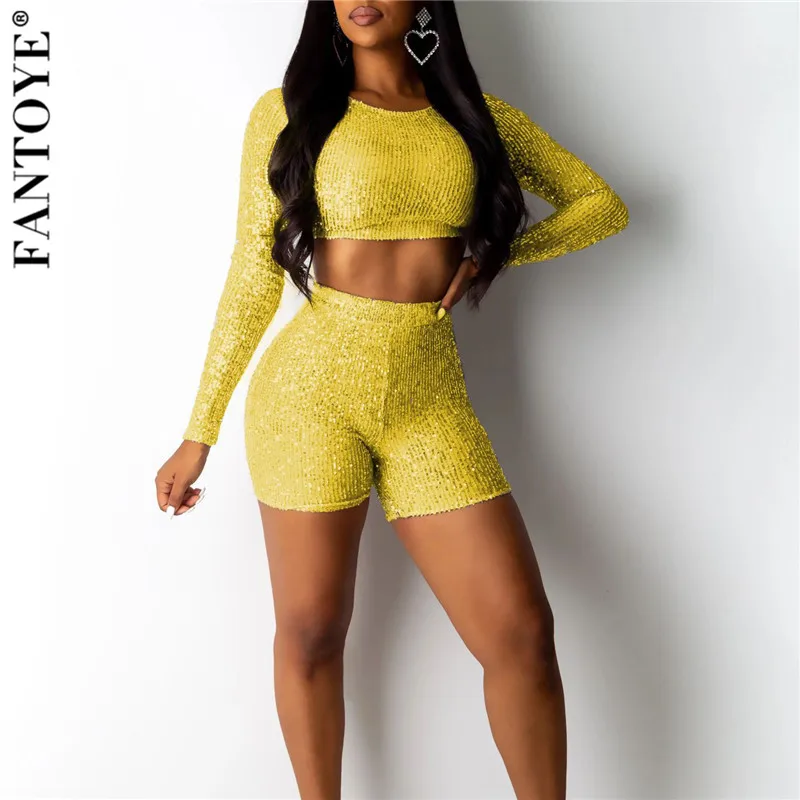 

Fantoye New Women Sequin Party Jumpsuit Sexy Short Two Piece Set Playsuit Shiny Tops And High Waist Shorts Suits Clubwear 2019