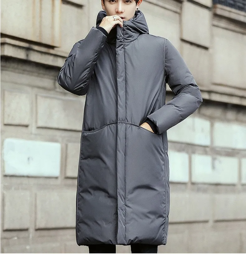 Black Gray Long Winter Down Jacket Men Thick Warm Hooded Loose Solid Outerwear Fashion Windproof Overcoat Mens Clothes YT50206