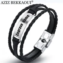 AZIZ BEKKAOUI Черный Модный Выгравированный именной браслет для мужчин DIY из нержавеющей стали Гладкий кожаный браслет кожаные браслеты, бижутерия