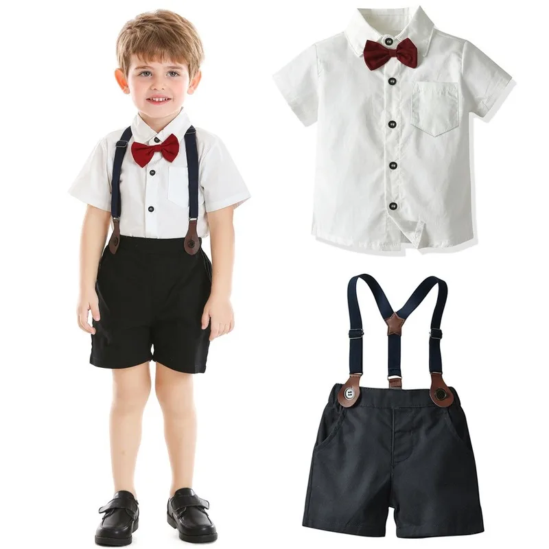 

Boys' Graduation Dress Summer White Shirt Short-Sleeved Strap Shorts Suit Korean-Style Boutique Children's Clothing