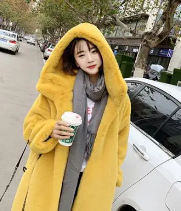 yellow Зимнее Новое высококачественное модное меховое пальто, плюшевая меховая теплая куртка для отдыха, Женское пальто с имитацией норки, толстое длинное пальто с капюшоном большого размера, G120 - Цвет: yellow