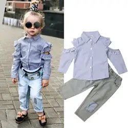 От 1 до 6 лет комплект осенней одежды для маленьких девочек, повседневные топы в полоску с длинными рукавами, рубашка, джинсы, брюки, костюм