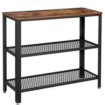 

Iron Frame Wood Desktop Table 3-Tier Industrial Style Open Mesh Shelf Multipurpose Storage Rack for Office Hallway Living Room