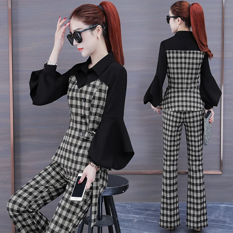 

2020 Spring And Autumn New Style Korean-style Fashion Suspender Pants Slimming Elegant Two-Piece Set Lattice Loose Pants WOMEN'S