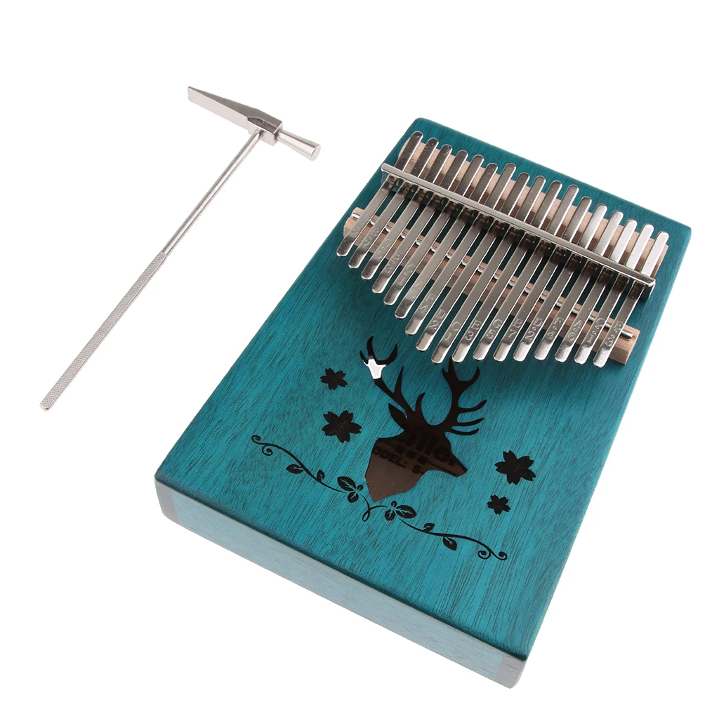 17 Keys Thumb Piano Kalimba Mahogany Beginner Piano Gift Deer Pattern Decoration Finger Percussion Musical Instrument - Blue