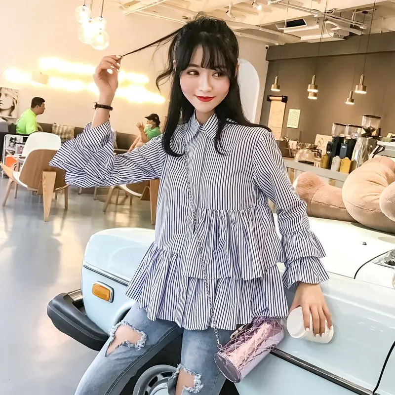  2019 New Autumn Preppy Style Women Shirts Full Sleeve Striped Web Celebrity Students Wind Blouse Sh