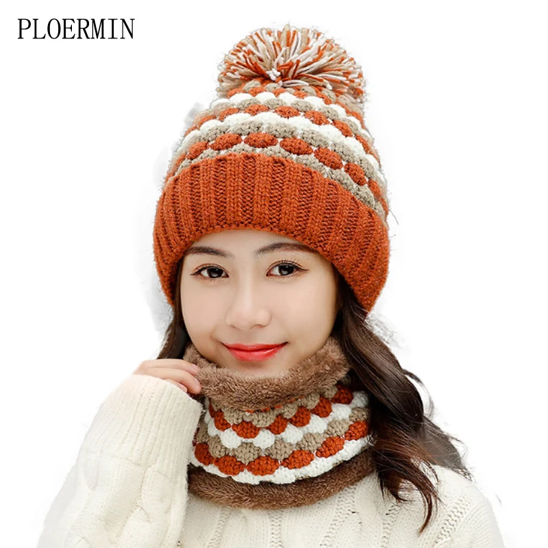 Новинка, зимняя женская вязаная шапка, шарф, женская теплая шапка, шарф, набор, модная шерстяная утолщенная шапка, набор, помпоны, Лыжные шапки