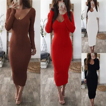 

Fashion Winter Bodycon midi Dress Women Sexy Deep V collarBackless Long Sleeve Slim Dresses 2019 woman party night Thin Dresses