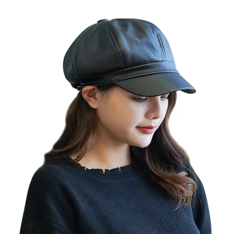 

New Ladies Spring Winter Leather Navy Cap BFemale erets Hat Outdoor Travel Wild Retro Solid Color Octagonal Hat New