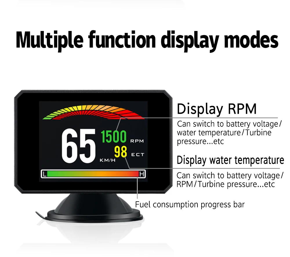 P16 HUD Head Up Display Car Water Temperature Volt Digital Display Fuel Consumption HUD Display Speed Projector OBD Gauge