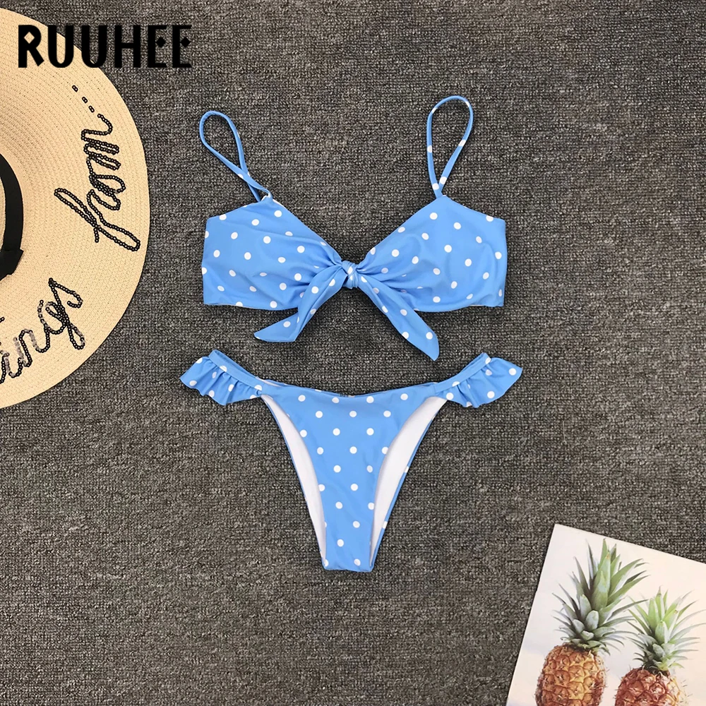 RUUHEE бикини женские купальные костюмы Для женщин в горошек Купальник с узлом ванный комплект, Одежда для пляжа, пуш-ап, бикини, набор бикини Плавание одежда